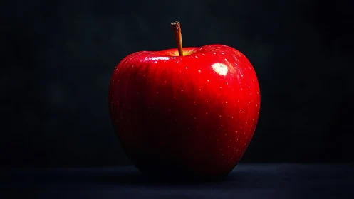 Red apple sits centered under strong directional lighting.