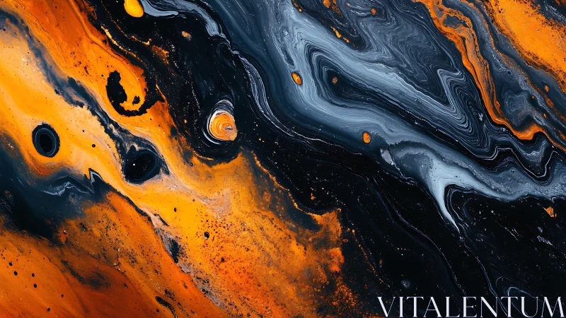 Fiery orange swirls drift through deep blue-black cosmic rivers
