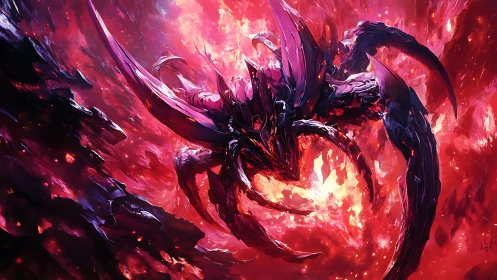Digital painting of voidborn dragon in radiant crimson vortex.