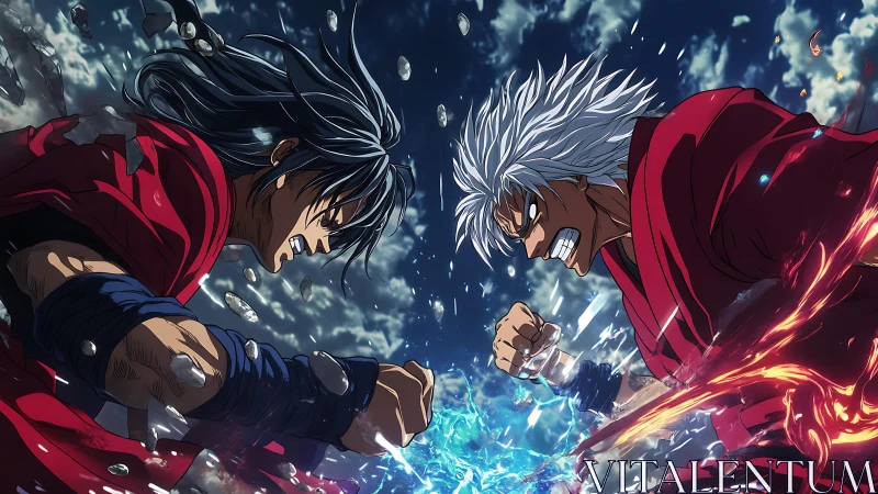 Rival warriors clash with elemental power under storm sky.