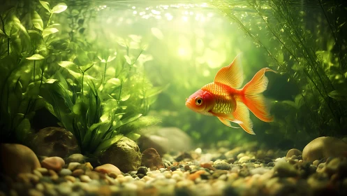 Golden daydream goldfish drifting through leafy green light.