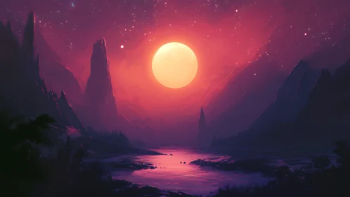 Dreamlike violet canyon beneath a glowing cosmic moon.