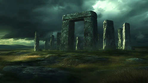 Ancient stone circle looms under storm-dark, mystical skies