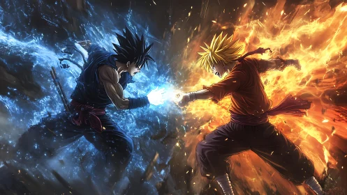 Elemental anime duel with colliding fire and water powers.