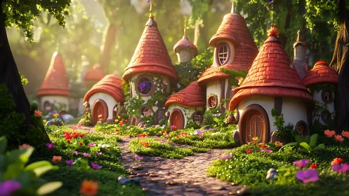 Sunlit fairy hamlet where crooked rooftops whisper dreams.