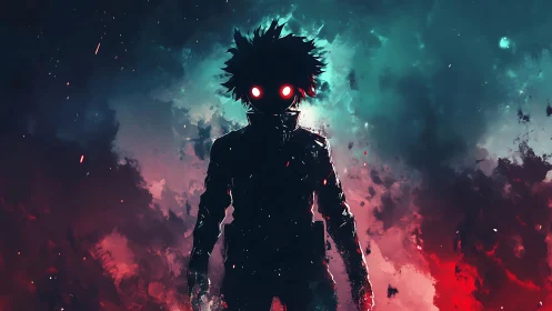 Backlit cyber-silhouette with volatile bicolor nebular field.