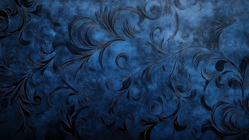 Ornate blue flourishes swirl across textured darkness.