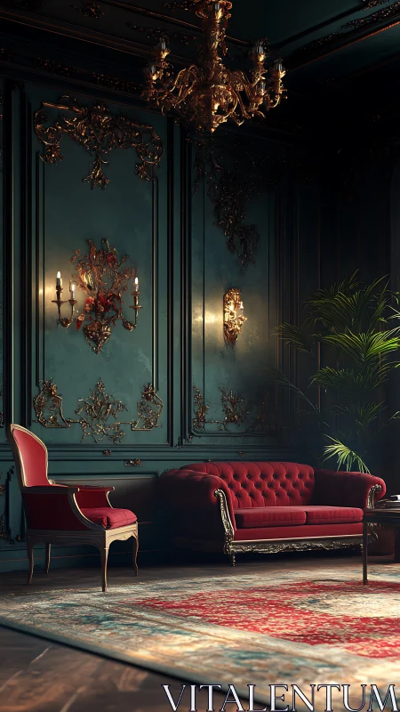 Velvet conversation settles beneath a brooding gilded ceiling