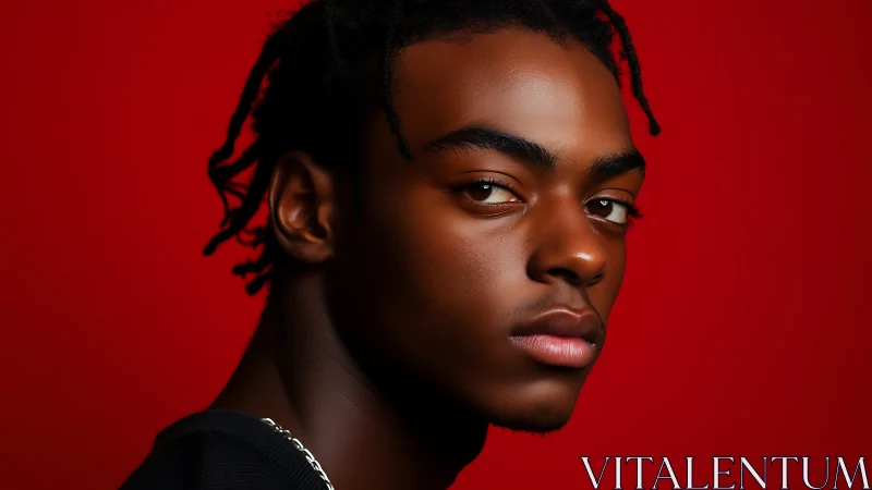 Side profile portrait of young person on red backdrop.