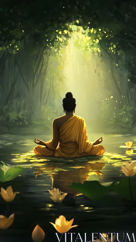 Monk meditates on lotus pond under radiant forest light.