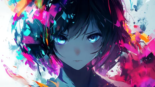 Intense anime portrait with high-contrast neon splatter compositing