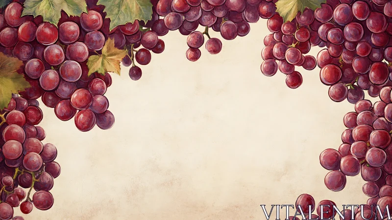 Red grape clusters frame warm vintage parchment background.