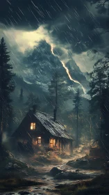 Storm-lashed forest cabin under lightning-scarred mountain peak.