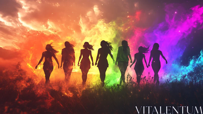 Silhouetted Women Walking Through Vibrant Rainbow-Colored Mist.