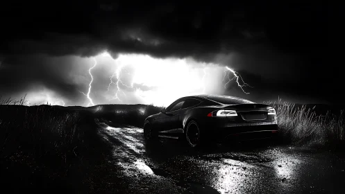 Electric performance coupe framed by storm-lit horizon.