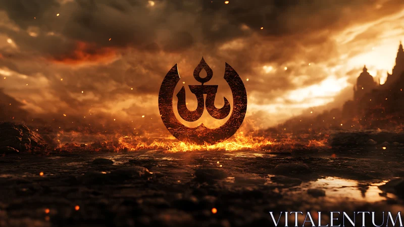 Symbol over volcanic landscape with fire-lit storm clouds.