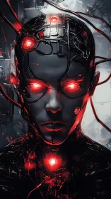 Cybernetic humanoid head with red illuminated neural interfaces