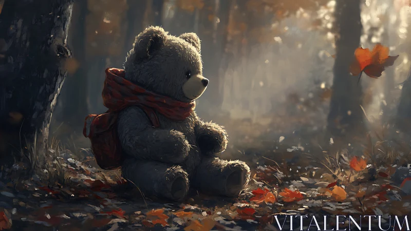 Lonely teddy bear rests in a misty autumn forest clearing.