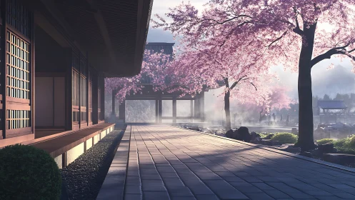 Cherry blossoms line a traditional Japanese walkway at sunrise