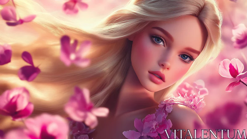 Dreamy blonde muse surrounded by soft pink blossoms.