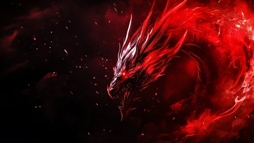Crimson storm dragon gliding through swirling starlit fire.