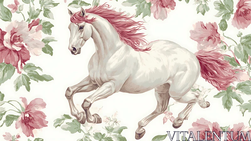 White stallion with pink mane amid stylized floral ornament