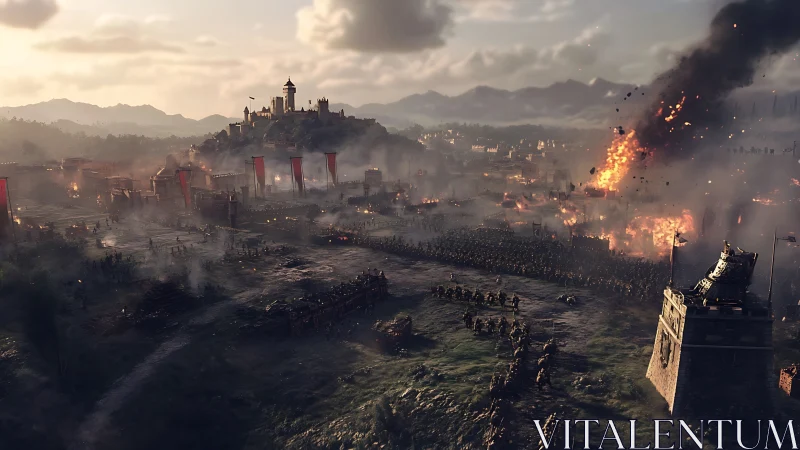 Medieval armies storm burning fortress in massive siege.
