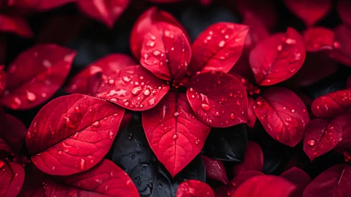 Crimson rain-kissed leaves glow against shadowed foliage.