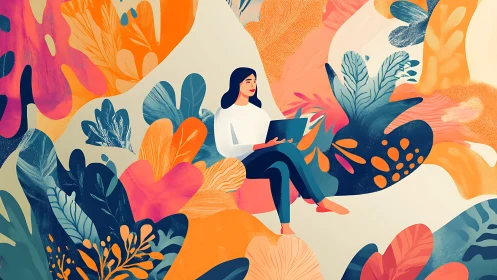 Woman works on laptop amid bold abstract tropical foliage