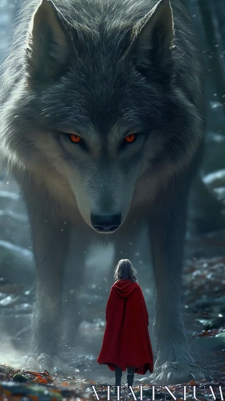 Forest meeting of a brave girl and a towering silver wolf.