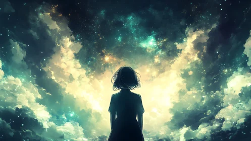 Stargazing dreamer standing beneath a glowing cosmic sky.