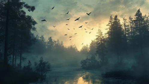 Misty conifer forest encircles dawn-lit marsh in muted tones