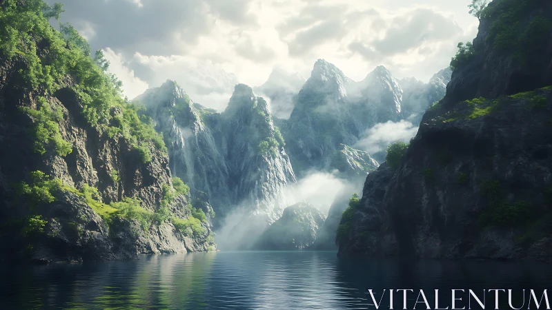 Mountain lake valley rendered with cinematic atmospheric depth