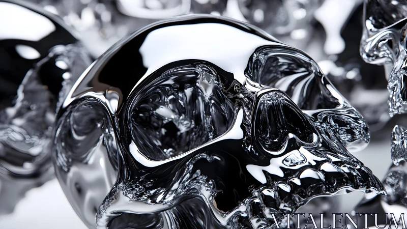 Reflective chrome skulls in hyper-realistic digital art style.
