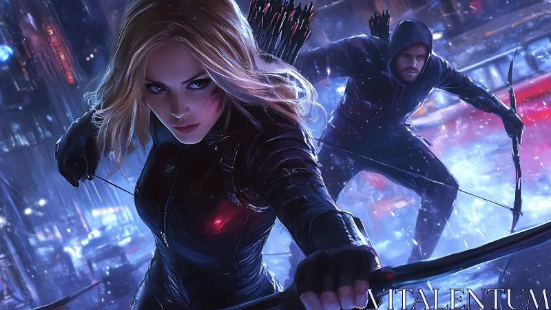 Dual archers advance through neon cityscape under dynamic rain