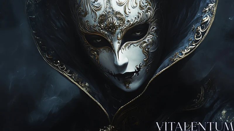 Ornate white masquerade mask in shadowed baroque cloak.