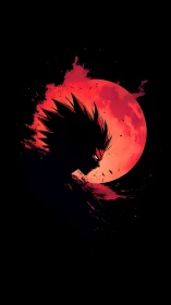 Silhouetted spiky figure aligned before red lunar disk.