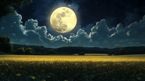 Moonlit meadow glows beneath sculpted clouds and starlit velvet sky.
