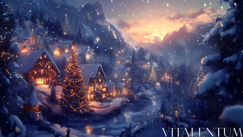 Illuminated alpine village under snowfall at winter dusk.
