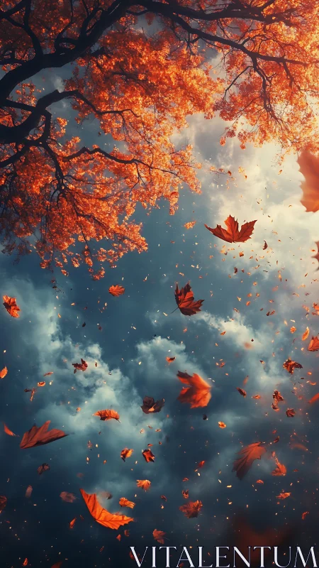 Falling autumn leaves dance gently beneath glowing storm clouds