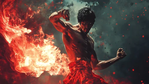 Fiery martial artist unleashes power in a blazing stance