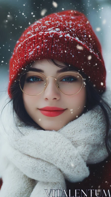 Winter portrait with red knit beanie and soft snowfall.