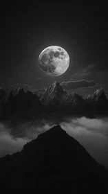 Full moon illuminates sharp mountain peaks above clouds