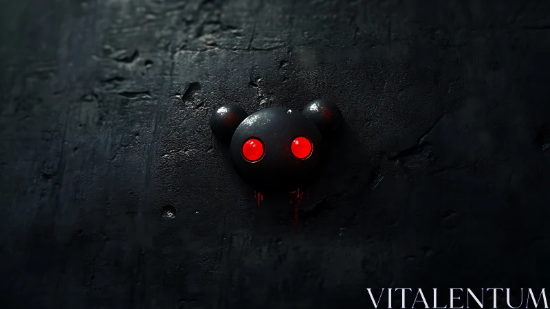 Glowing red robot eyes peer curiously from a dark wall