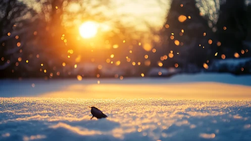 Little winter bird under a sky of glowing snowflakes.