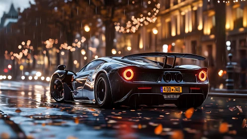 Supercar under city rain with glowing tail lights at dusk.