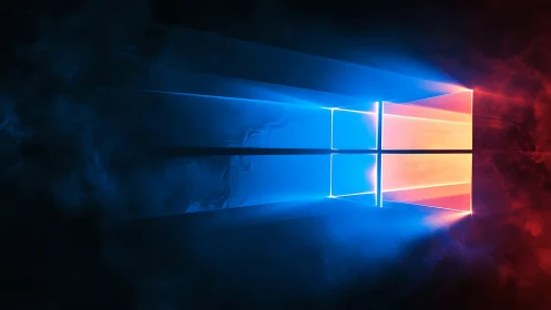 Windows portal carves twin neon corridors through digital mist