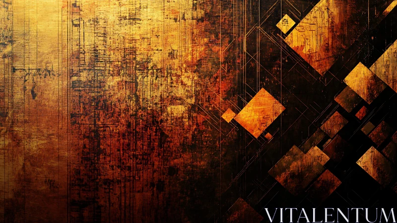 Abstract geometric gold and black art with textured digital effect.