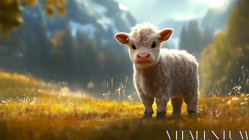 Fluffy calf stands in glowing alpine meadow at sunrise.