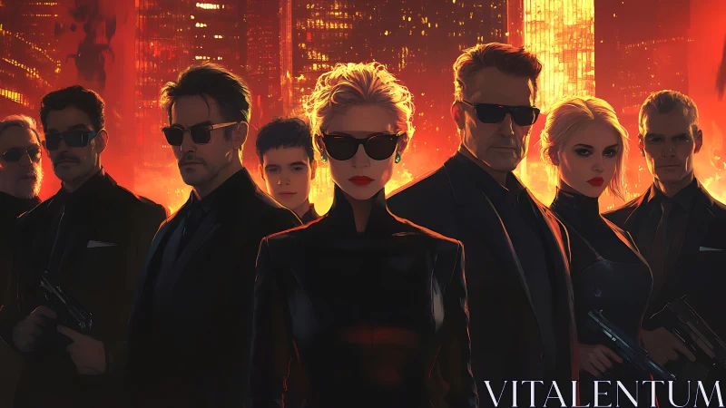 Black-clad armed team in sunglasses before red cityscape.